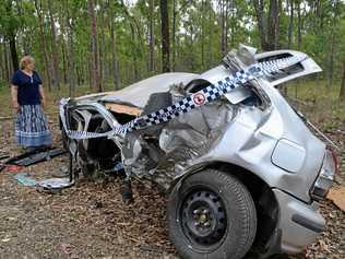 FILE PHOTO OF EARLIER NEERDIE ROAD CRASH: Neerdie Road is a disaster waiting to happen, according to residents, who were proved terrifyingly right overnight by this single vehicle crash, in which a Honda sedan was all but torn apart. Picture: Arthur Gorrie