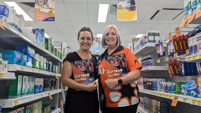 Lia Finocchiaro and Port of Darwin candidate Robyn Cahill at Blooms The Chemist Darwin Galleria, July 24, 2024. Picture: Alex Treacy