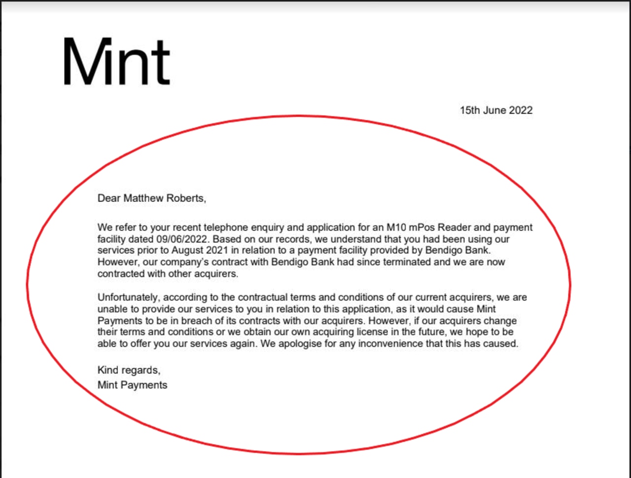 Mint Payments banned Matthew Roberts in writing on two occasions between 2021 and 2022. The letters stated the company would be in "breach of it's contracts". Picture: Supplied.