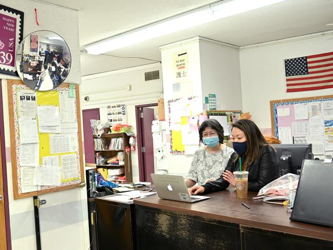 Principal Alice Hom and teacher Laura Lai start the school day remotely with students. Schools in New York City will remain closed for the rest of the school year due to the COVID-19 pandemic. Picture: AFP