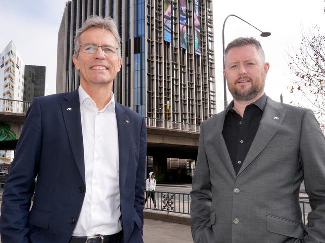 Adelaide University co-Vice Chancellors Professor Peter Hoj (University of Adelaide)(L), and Professor David Lloyd (University of South Australia). 6 August 2024. Picture: Dean Martin