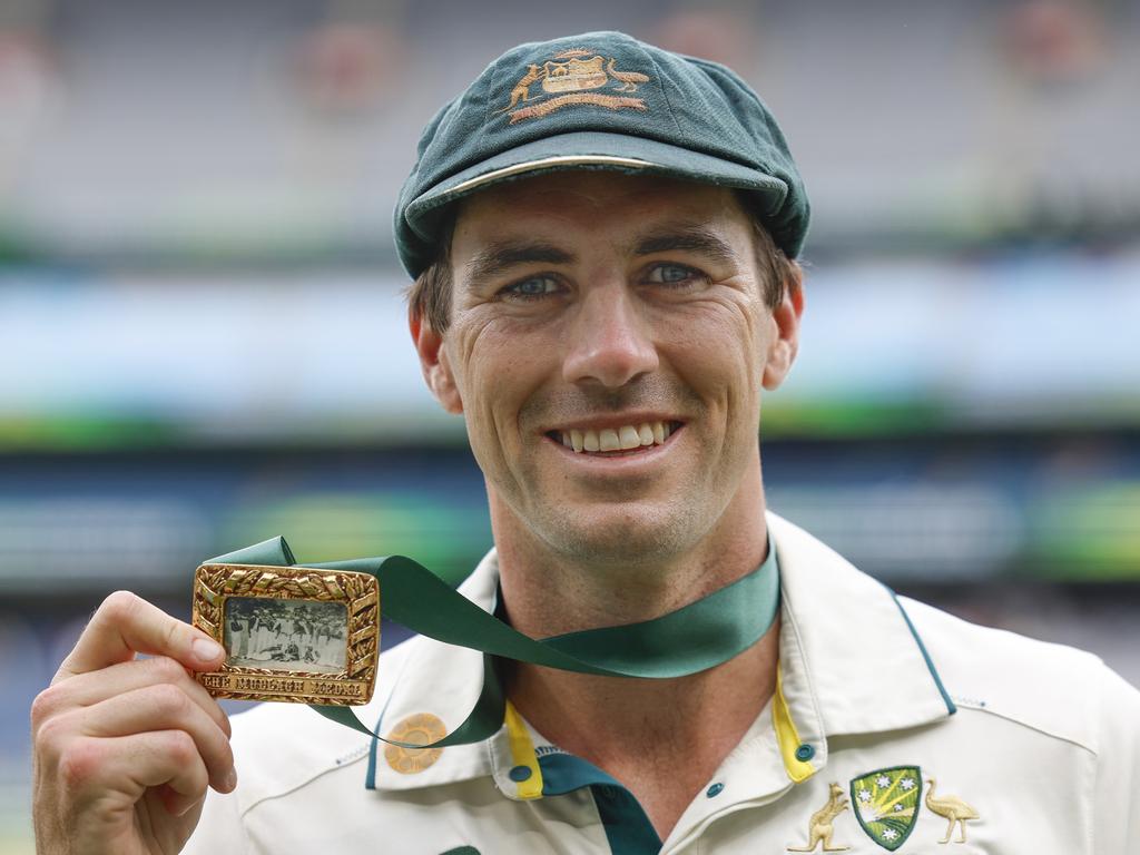 Australian captain Pat Cummins with the Mullagh Medal for man of the match in the Boxing Day Test. Picture: Michael Klein