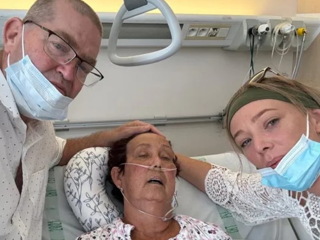 Maud O'Brien in a Tahitian hospital with husband Butch and daughter Christine. Photo: Contributed