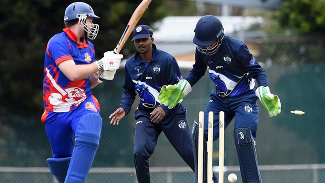 VTCA: Altona Roosters batsman Aaron Briscoe is bowled. Picture: Steve Tanner