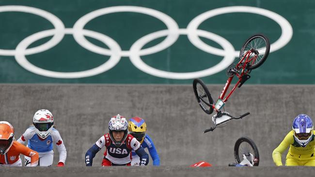 Saya Sakalkibara during the BMX racing men’s and women’s semi-finals at the Ariake Urban Skate Park in Tokyo. Picture: Alex Coppel