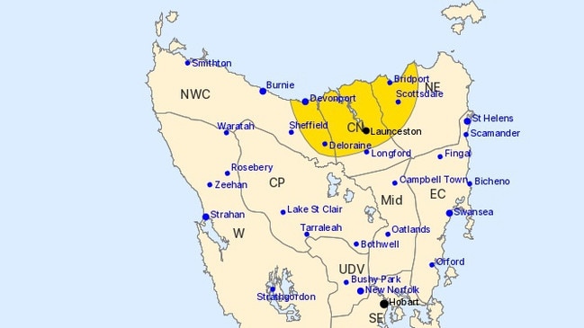 A very moist air mass and an upper trough are producing storms with heavy rainfall over Bass Strait, moving onshore onto the northern Tasmanian coastline 27 November 2024. Picture: BOM