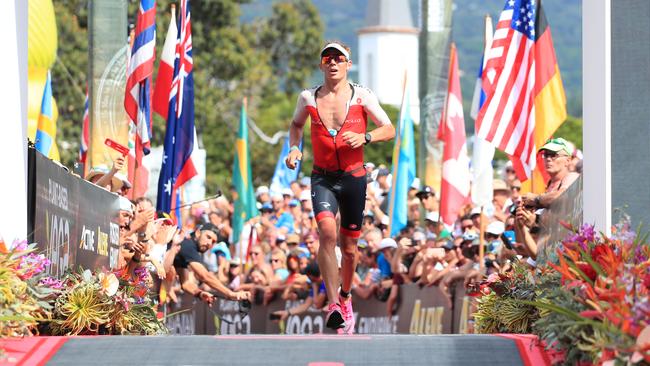 Cameron Wurf crosses the finish line at the Ironman World Championships. Picture: Tom Pennington/Getty Images for IRONMAN