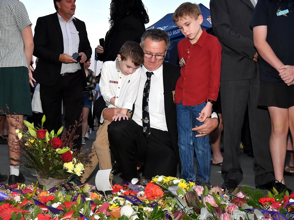 Rodney Parker with his grand kids Ethan age 5 and Jayden Parker age 8. Bray Park-Strathpine RSL sub branch ANZAC day dawn service. Thursday April 25, 2024. Picture, John Gass