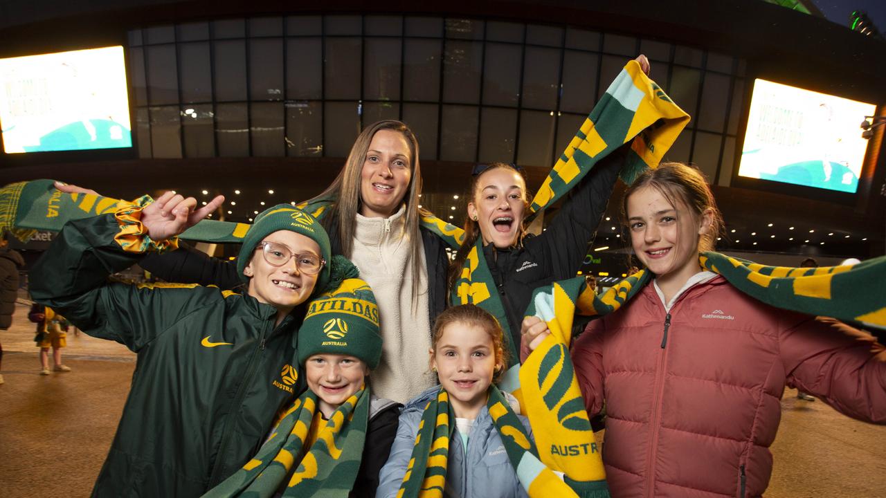 Leah White, Kim White, Ivory Girdham, Opal Girdham, Ryley Whiteand Silva Girdham at the Matildas game Picture: Brett Hartwig