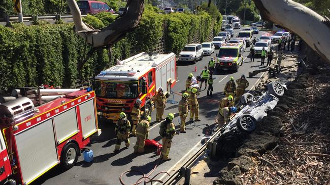 The woman’s car ended up on its side. Picture: John Williams