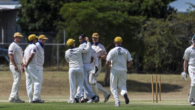 Matt Hallas of Western Districts is bowled by Sebastian Knoll (centre). Picture: Kevin Farmer