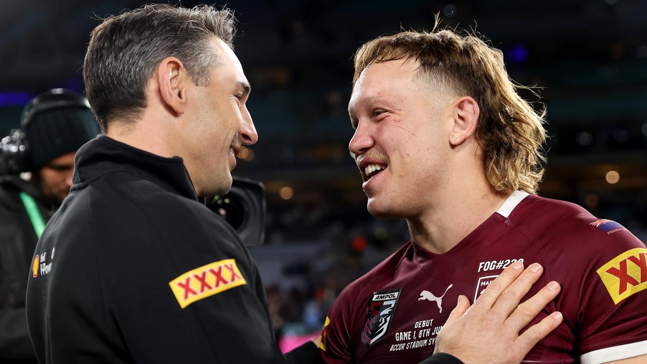 SYDNEY, AUSTRALIA - JUNE 08: Reuben Cotter of the Maroons and Maroons head coach Billy Slater celebrate victory after game one of the 2022 State of Origin series between the New South Wales Blues and the Queensland Maroons at Accor Stadium on June 08, 2022, in Sydney, Australia. (Photo by Mark Kolbe/Getty Images)