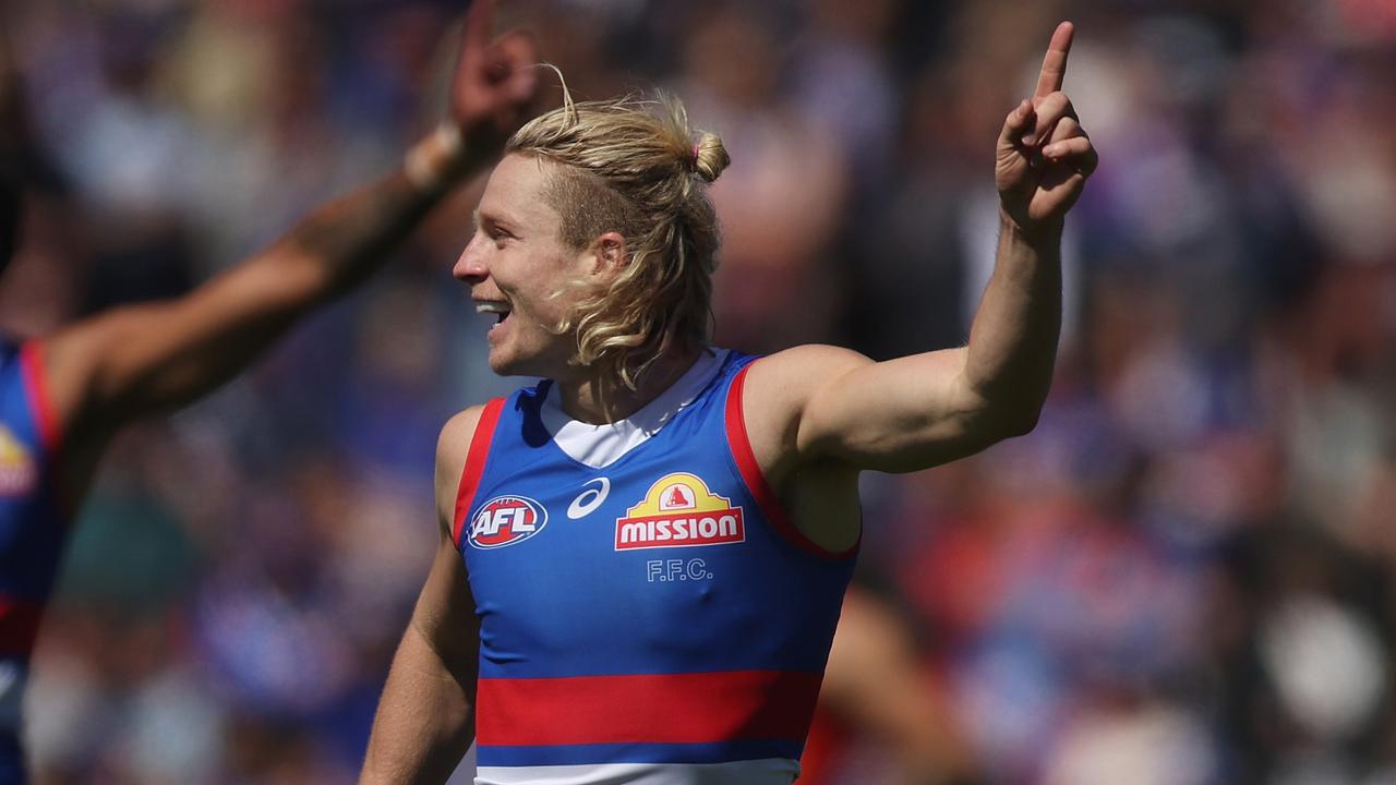 BALLARAT, AUSTRALIA - MARCH 24: Cody Weightman of the Bulldogs celebrates kicking a goal during the round two AFL match between Western Bulldogs and Gold Coast Suns at Mars Stadium, on March 24, 2024, in Ballarat, Australia. (Photo by Daniel Pockett/Getty Images)