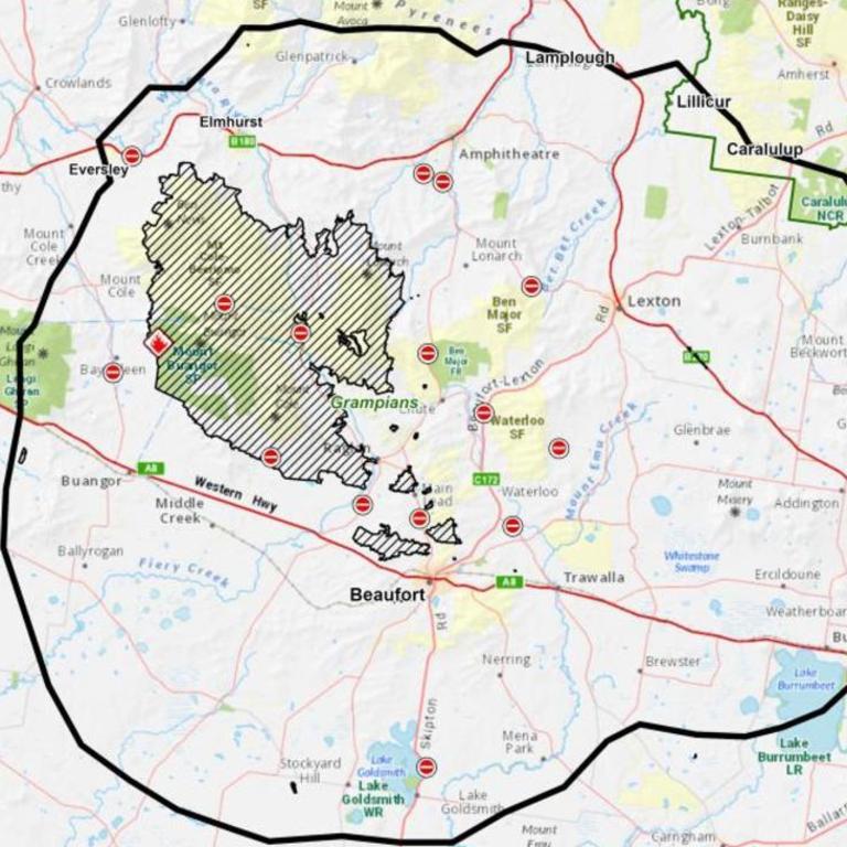 A map of the areas that could be impacted if the Bayindeen fire spreads. Picture: VicEmergency