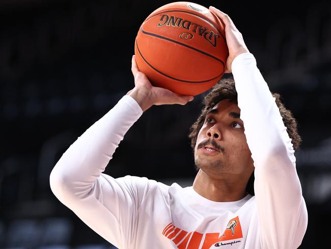 Alex Higgins-Titsha of the Taipans warms up prior to the round 15 NBL match between Illawarra Hawks and Cairns Taipans at WIN Entertainment Centre, on January 03, 2025, in Wollongong, Australia. (Photo by Jeremy Ng/Getty Images)