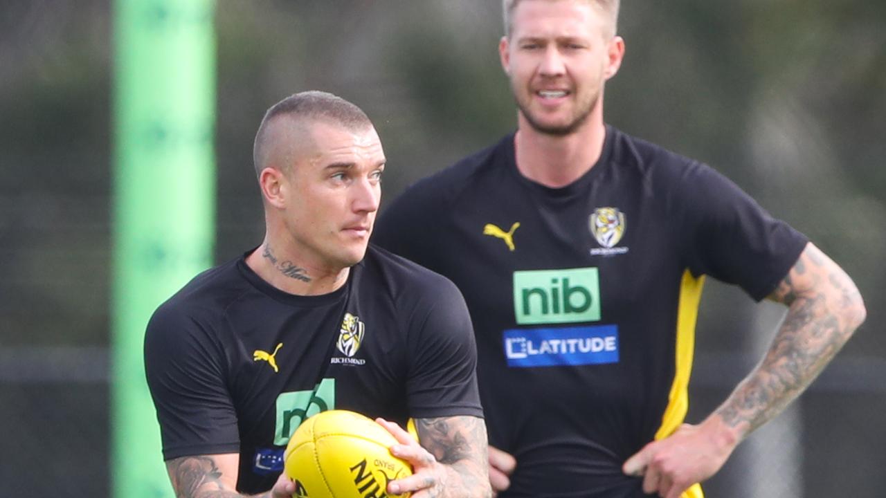 Dustin Martin has his first run with the team at Richmond on Tuesday. Picture: David Crosling