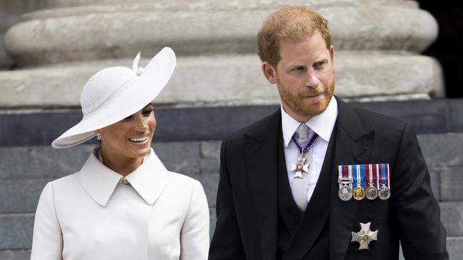 Prince Harry and Meghan Markle were booed after leaving the Service of Thanksgiving. Picture: Humphrey Nemar/WPA Pool/Getty