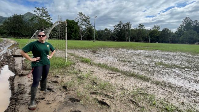 Catherine North, club secretary of Uki Pythons FC, after the February 2022 flood had receded. Photo: Football Far North Coast.