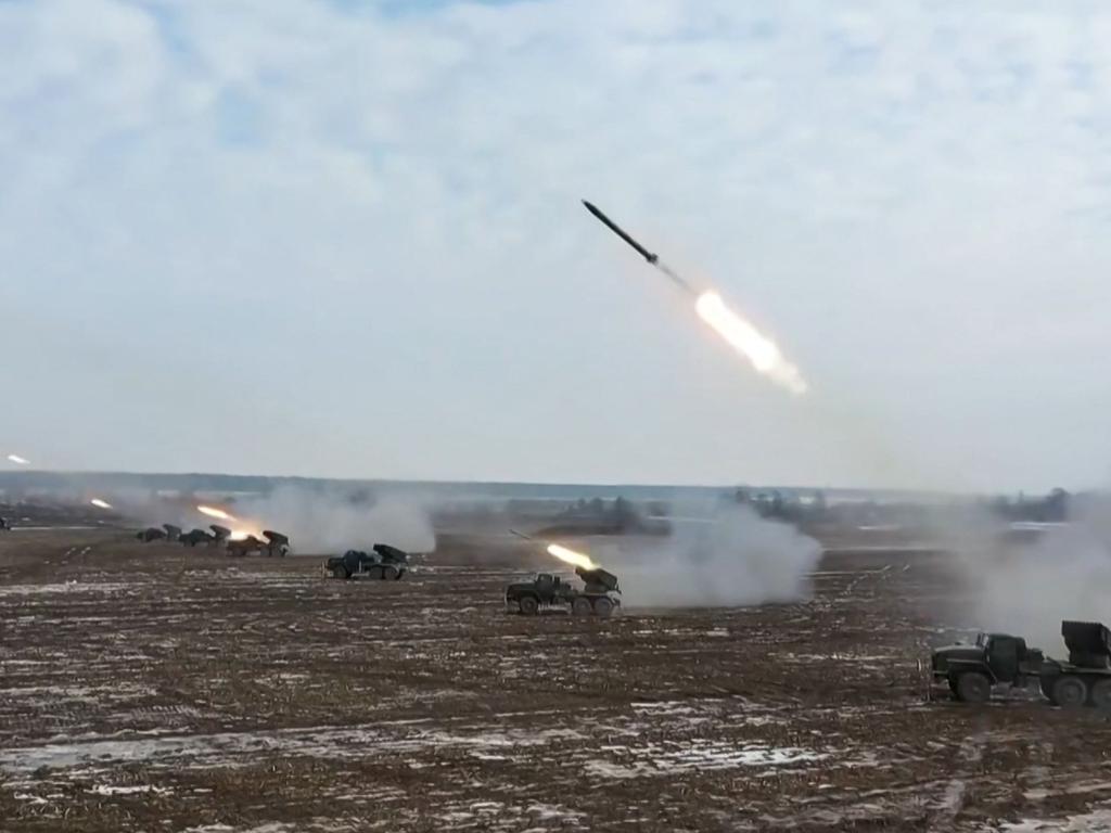 Rocket launchers firing during joint exercises of Russia and Belarus. Picture: Russian Defence Ministry/AFP