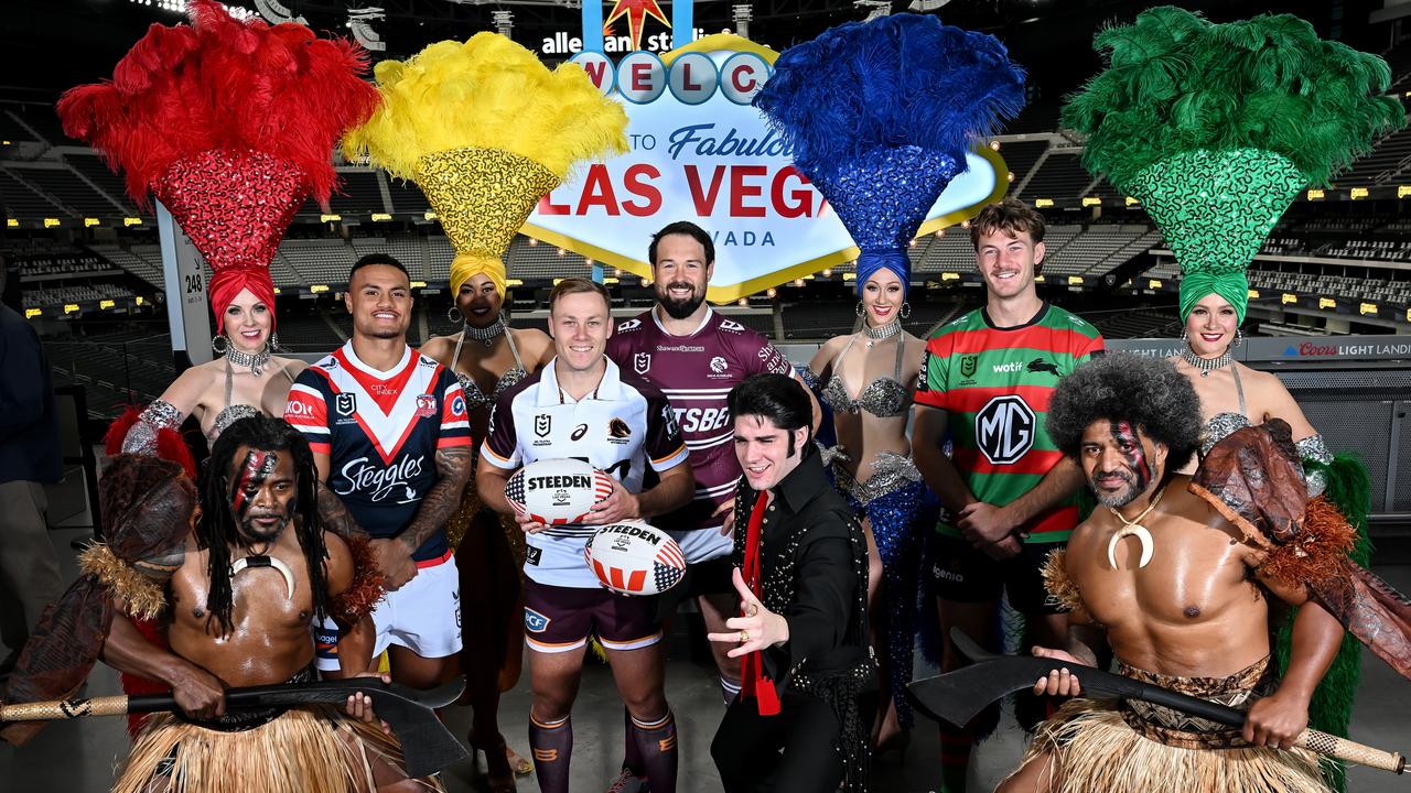 The official launch of the NRL's push into Las Vegas had everything - players, an Elvis impersonator, Vegas showgirls and Fijian warriors. Picture: Grant Trouville/NRL Images