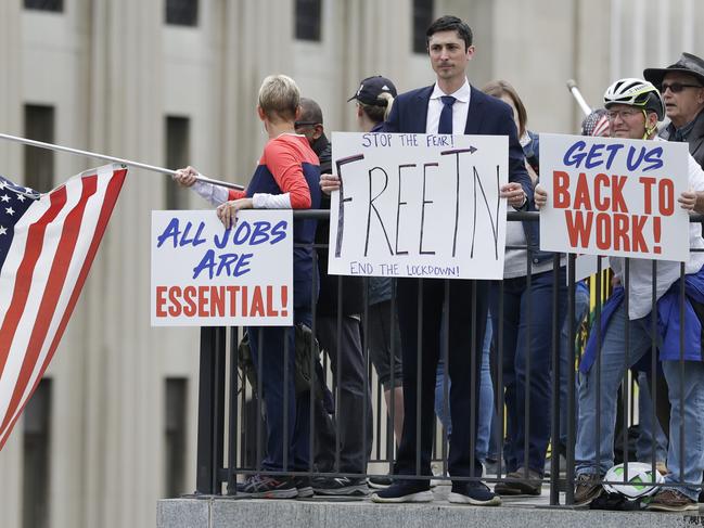 Protesters rally at the Tennessee state capitol to speak out against the state’s handling of the COVID-19 outbreak. Tennessee is under a stay-at-home order. Picture: Mark Humphrey/AP