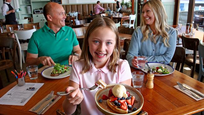 Dean and Selina Kolthek and daughter Kiki enjoy a family feed at Bondi Trattoria, which has been judged best family friendly restaurant in NSW in the Delicious Top 100 awards. Picture: Toby Zerna