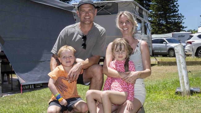 SYDNEY, AUSTRALIA - Daily TelegraphPhotos - Thursday, 26 December 2024:Tim and Sara Mott with their son Artie 6 and niece Riley 6 pose for a photo at Narrabeen Camping Ground.Picture: Daily Telegraph/ Monique Harmer