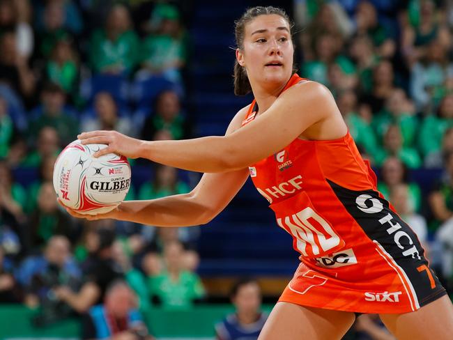 PERTH, AUSTRALIA - JUNE 30: Amy Sligar of the Giants looks to pass the ball during the round 12 Super Netball match between West Coast Fever and Giants Netball at RAC Arena, on June 30, 2024, in Perth, Australia. (Photo by James Worsfold/Getty Images)
