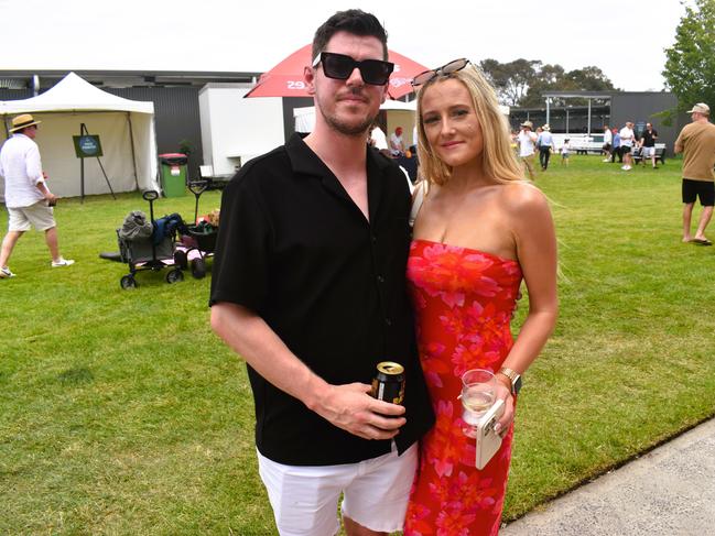 Luke Pagram and Dayna Lawrence enjoying all the action at the Ladbrokes Cranbourne Cup on Saturday, November 23, 2024. Picture: Jack Colantuono