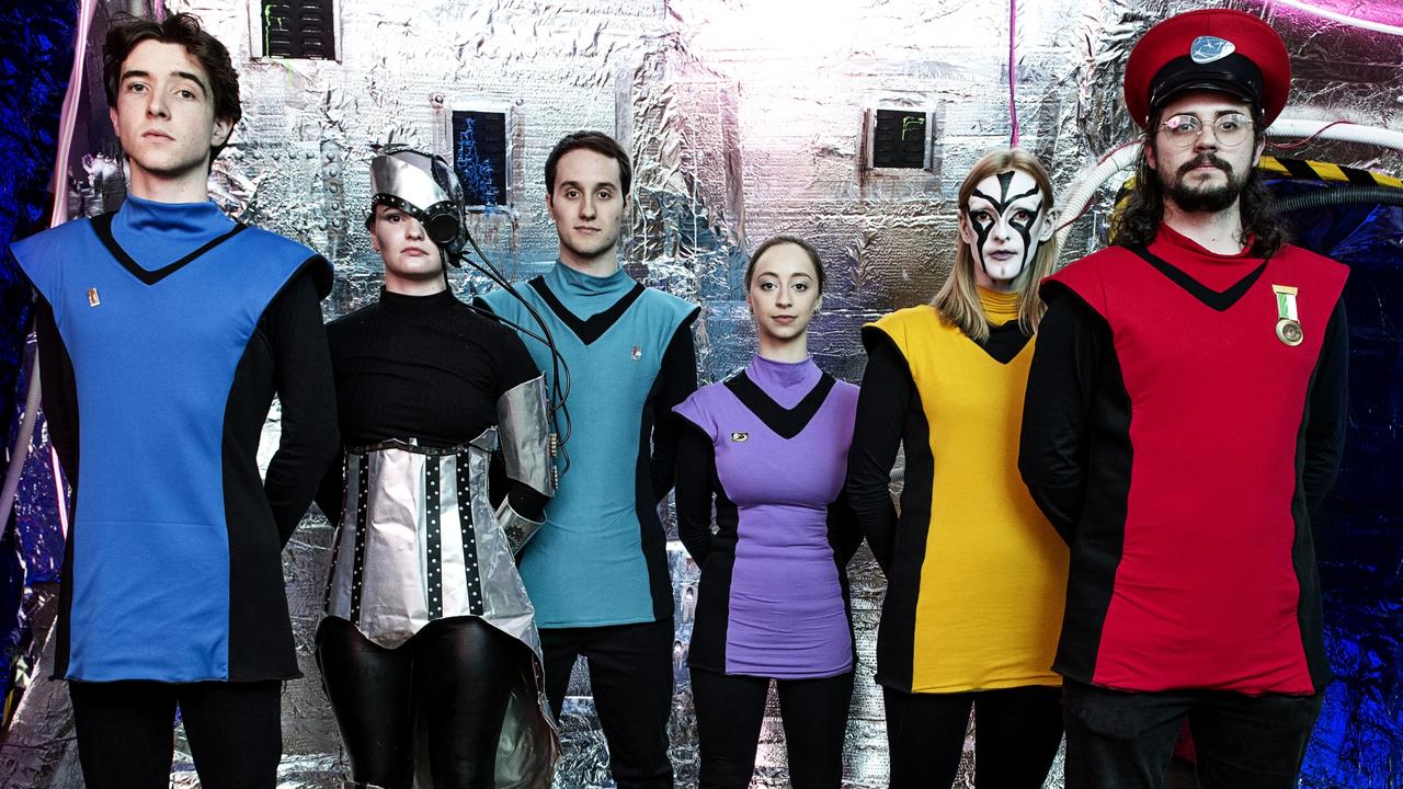 SCI-FI SLEUTH: Performing in the First Coat Studios production Murder on the Starship Genesis are (from left) Blake Hohenhaus, Ashlynn Parigi, Jaycob Beven-Delaney, Evie Ford, Tatum Mottin and Griffin Walsh.