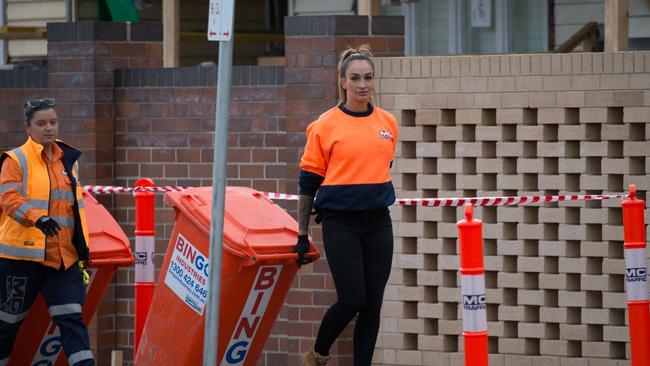 Hayley Vernon is seen working on The Block in Melbourne as a site labourer. Picture: BACKGRID