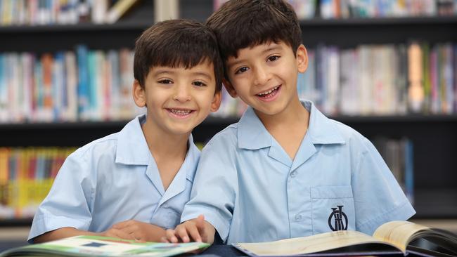 Identical twin brothers Maximus and Domadius Missiha are starting prep this year at Our Lady of Lourdes school. Picture: David Caird