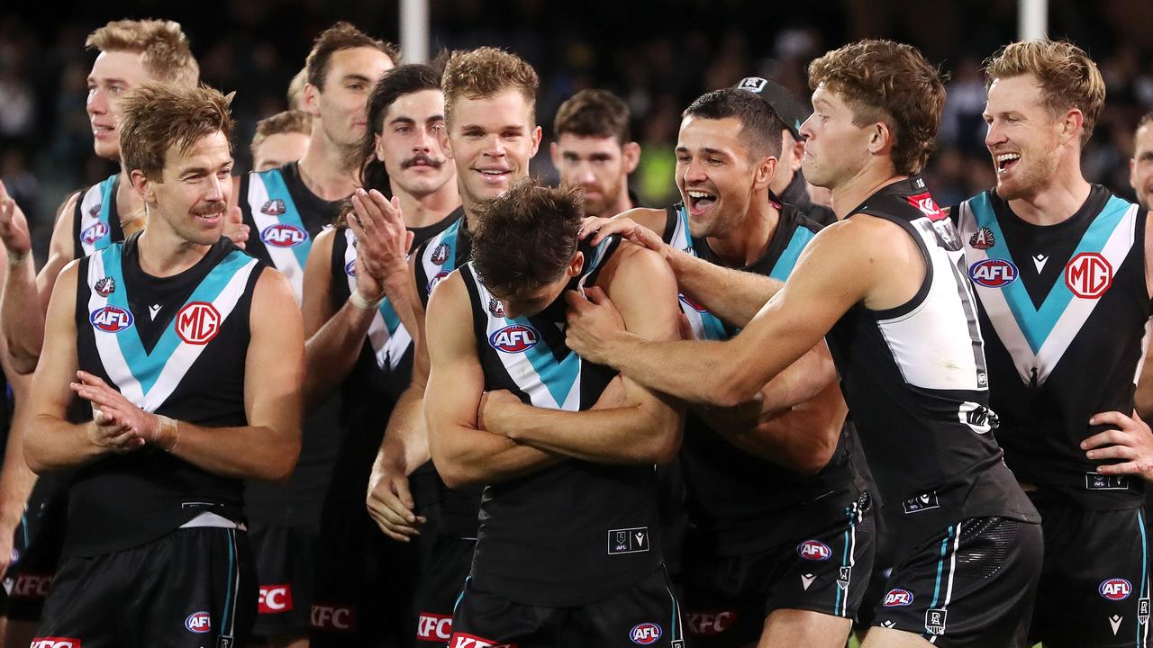 ADELAIDE, AUSTRALIA – APRIL 23: Connor Rozee of the Power wins the Badcoe Medal during the 2022 AFL Round 06 match between the Port Adelaide Power and the West Coast Eagles at Adelaide Oval on April 23, 2022 in Adelaide, Australia. (Photo by Sarah Reed/AFL Photos via Getty Images)