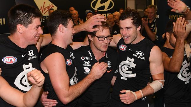 David Teague celebrates a Carlton win in his first game as caretaker coach. Picture: AAP