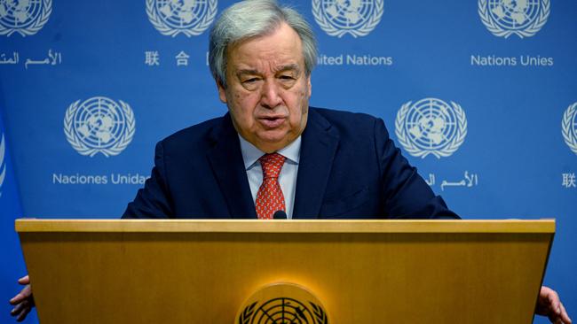 UN Secretary-General Antonio Guterres speaks about climate change at UN headquarters in New York City on July 27. He pleaded for immediate radical action on climate change, saying record-shattering July temperatures show Earth has passed from a warming phase into an “era of global boiling”. Picture: Ed Jones/AFP