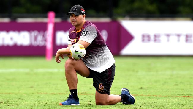 Anthony Seibold watches on during a Brisbane Broncos training session at Red Hill this week. Picture: Getty Images