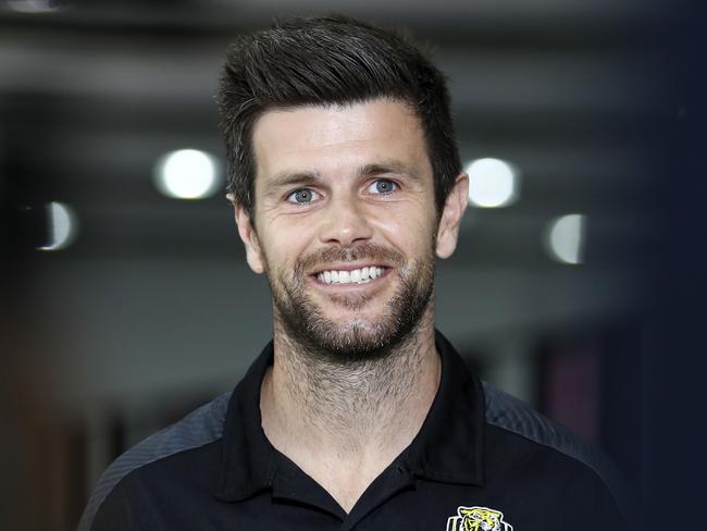 MELBOURNE, AUSTRALIA - MARCH 15: Trent Cotchin of the Tigers speaks to the media during the Virgin Australia and AFL Media Opportunity at Melbourne Airport on March 15, 2021 in Melbourne, Australia. (Photo by Dylan Burns/AFL Photos via Getty Images)