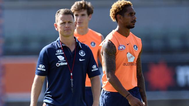 Brendon Bolton and Jarrod Garlett at Carlton training.