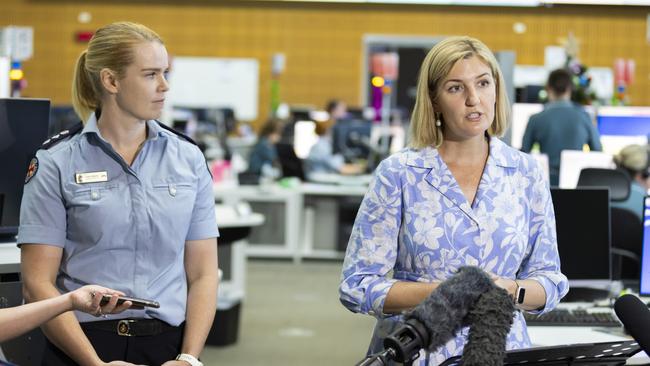 Ms Fentiman alongside Ms Dibley at the Queensland Ambulance Service call centre. Picture: Richard Walker