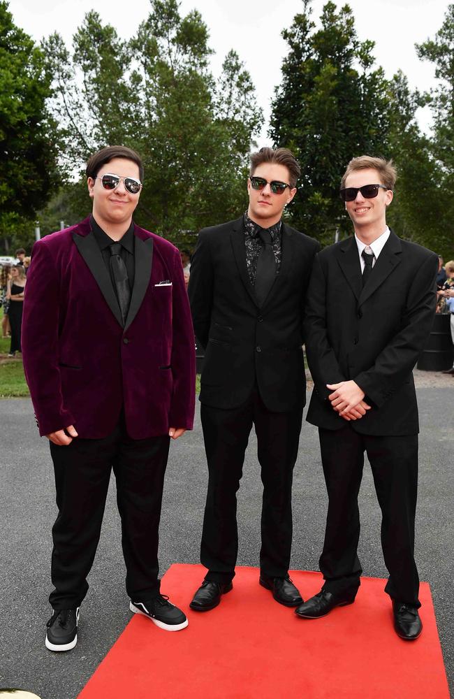 Wilson Hegarty, Malachi Flinn and Boden Walker at Nambour State College School Formal. Picture: Patrick Woods.