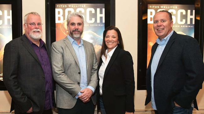 Michael Connelly, Henrick Bastin, LAPD consultants Mitzi Roberts and Tim Marcia at a screening of the Amazon Original Series Bosch. Picture: Charley Gallay/Getty Images