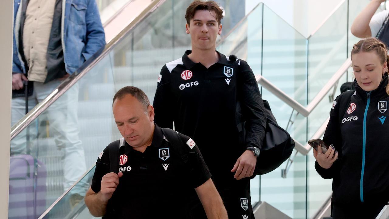 Connor Rozee at Adelaide Airport after Port Adelaide’s loss to the Sydney Swans. Picture: Kelly Barnes