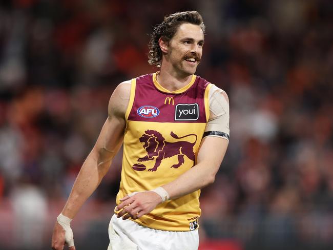 SYDNEY, AUSTRALIA - SEPTEMBER 14:  Joe Daniher of the Lions celebrates kicking his last goal during the AFL First Semi Final match between GWS Giants and Brisbane Lions at ENGIE Stadium, on September 14, 2024, in Sydney, Australia. (Photo by Matt King/AFL Photos/via Getty Images)