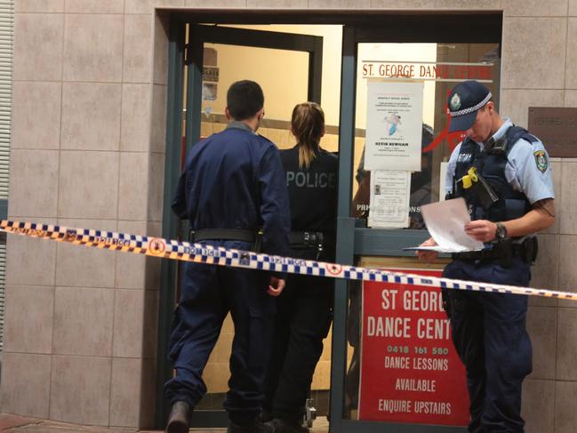 Police at the St George Dance Studio in Kogarah shortly after the alleged attack. Picture: Damian Hoffman