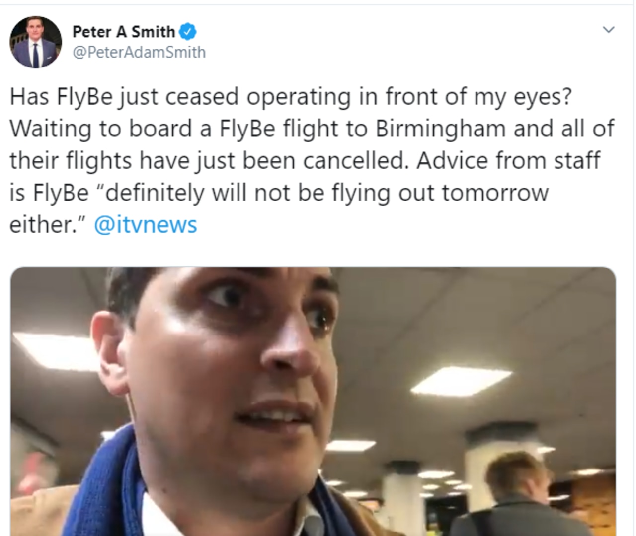 ITV journalist Peter Smith said that staff told him that Flybe 'definitely will not be flying tomorrow either'