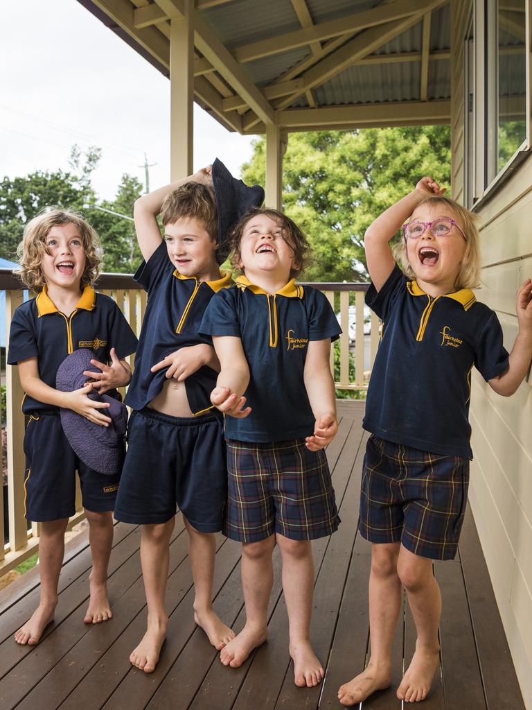 Fairholme College kindy students (from left) Arthur McCormick, Rory Pihl, Ella Murry and Nell Paynter celebrate the end of their kindy years, Monday, November 22, 2021. Picture: Kevin Farmer