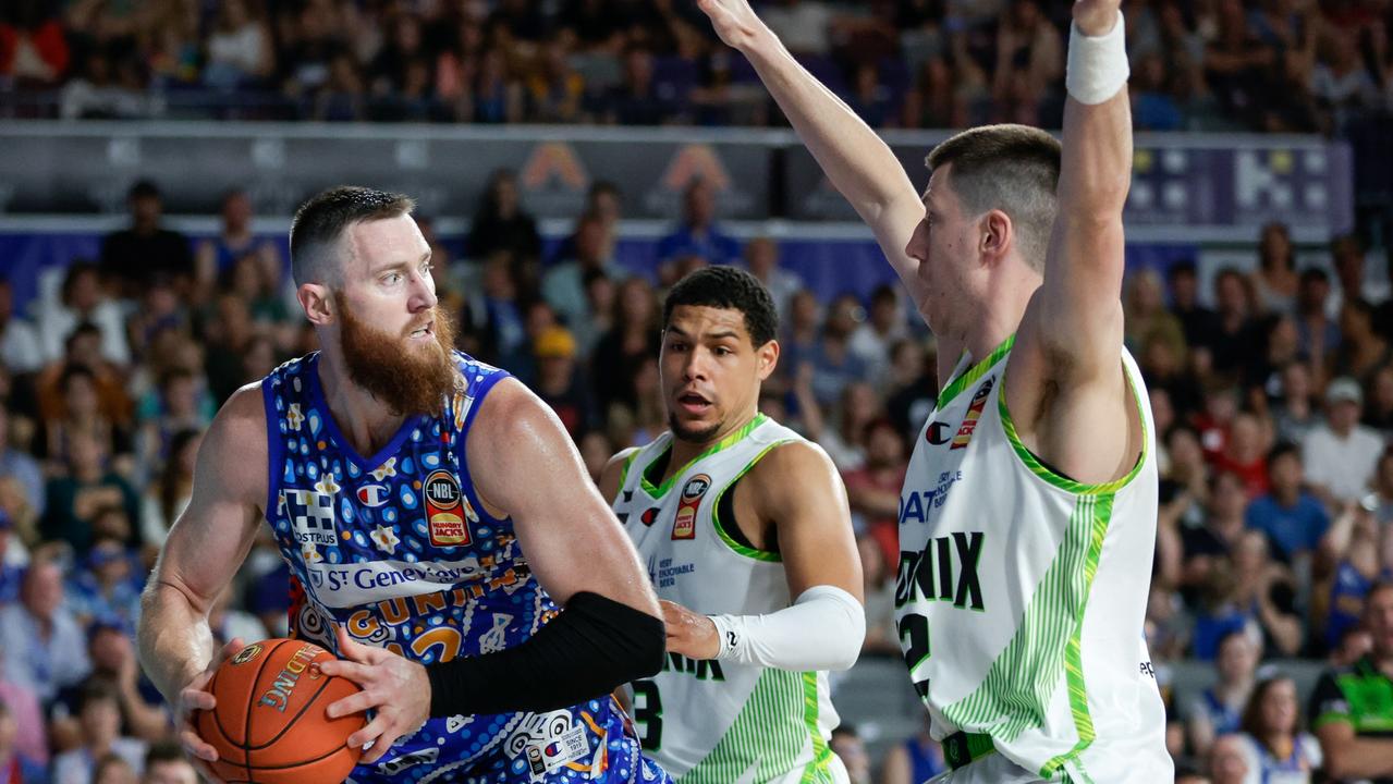 Aron Baynes of the Bullets in action during the round 12 NBL match between Brisbane Bullets and South East Melbourne Phoenix at Nissan Arena. (Photo by Russell Freeman/Getty Images)