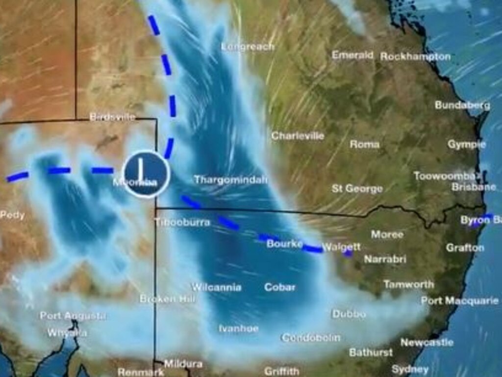The low-pressure system moving across Queensland and NSW. Picture: Bureau of Meteorology