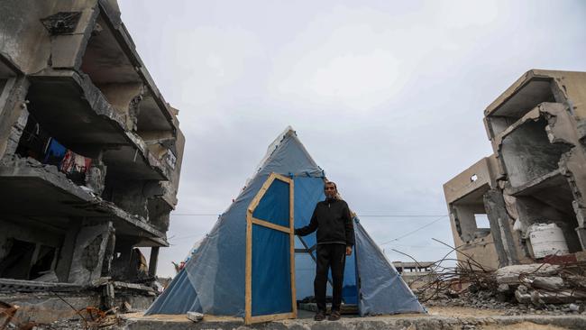 Hamada Abu Salima, 59, lives in a tent on the ruins of his house in Rafah that was destroyed by Israeli raids, which killed 10 members of his family. Picture: Getty Images