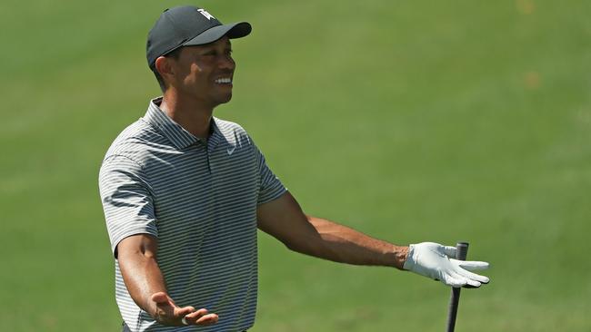 Tiger Woods reacts to a shot during his practice round. Picture: Getty